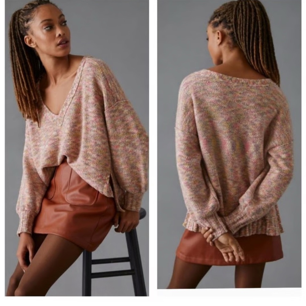Anthropologie Pilcro Deep V Sweater in Marled Pastel Chunky Cotton Knit Small